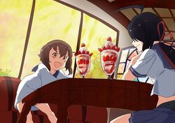  bad_id bad_twitter_id banned_artist black_hair brown_hair dress kako_(kantai_collection) kantai_collection long_hair multiple_girls parfait ponytail restaurant sailor_dress school_uniform serafuku short_hair tachikoma_(mousou_teikoku) yukikaze_(kantai_collection) 