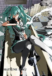  aqua_eyes aqua_hair bathtub checkered_floor cigarette commentary empty_bathtub female gloves hair_over_one_eye hatsune_miku highres justminor koi_wa_sensou_(vocaloid) long_hair megaphone necktie open_clothes open_shirt pantyhose photoshop_(medium) popped_collar reclining shadow shirt skirt smoke solo tiles torn_clothes torn_pantyhose twintails very_long_hair vocaloid 