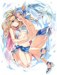  2girls :d ;) adapted_costume ass bikini bikini_top_only blonde_hair blue_eyes blue_hair breast_press breasts commentary_request criss-cross_halter feathered_wings fur_trim hair_ornament hair_up halterneck hand_on_another&#039;s_arm hands_on_another&#039;s_hips head_wings high_heels highres idunn_&amp;_idunna kaki_s knees_together_feet_apart long_hair medium_breasts midriff multiple_girls multiple_wings navel one_eye_closed open_mouth outline photoshop_(medium) pink_scarf puzzle_&amp;_dragons scarf side-tie_skirt simple_background smile swimsuit symmetrical_docking twintails underboob water white_background white_bikini white_wings wings 