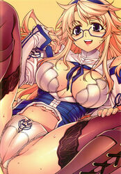  :d black_legwear blonde_hair blue_eyes blush boots breasts cameltoe cleavage female freezing_(series) glasses hairband highres long_hair navel open_mouth panties satellizer_el_bridget simple_background smile solo soo-hyon_lee spread_legs sweat thighhighs underwear white_panties yellow_background 