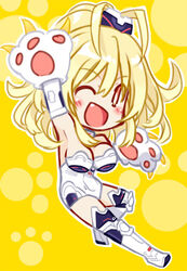  ;d animal_hands antenna_hair arm_up armpits bad_id bad_pixiv_id bare_shoulders blonde_hair blush boots breasts chibi claws covered_navel elbow_gloves female from_side gloves hair_between_eyes happy high_ponytail jewelry kamia_(not_found) large_breasts leotard long_hair looking_at_viewer magical_girl neck_ring neptune_(series) oerba_yun_fang one_eye_closed open_mouth orange_eyes outline paw_gloves paw_print ponytail power_symbol power_symbol-shaped_pupils sideboob simple_background smile solo strapless strapless_leotard symbol-shaped_pupils thigh_boots thighhighs wavy_hair white_footwear white_gloves white_thighhighs yellow_background yellow_heart_(neptunia) 