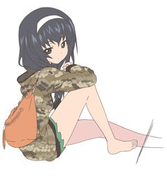  backpack bag bare_legs barefoot black_hair brown_eyes camouflage camouflage_hoodie female girls_und_panzer green_skirt hairband hood hoodie long_hair looking_at_viewer miniskirt mizuki_makoto ooarai_school_uniform photoshop_(medium) pleated_skirt reizei_mako school_uniform simple_background sitting skirt solo white_background 