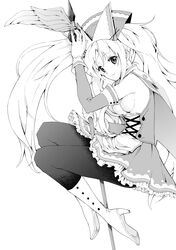  absurdres awakening_(sennen_sensou_aigis) commentary_request female greyscale high_heels highres iiris_(sennen_sensou_aigis) long_hair monochrome oku_hideki pantyhose photoshop_(medium) sennen_sensou_aigis solo staff 