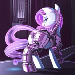  1:1 2_artificial_limbs absurd_res blue_eyes cutie_mark cybernetic_eye cybernetic_hair cybernetic_leg cybernetic_limb cybernetic_spine cybernetic_tail cybernetic_torso cybernetics cyborg detailed_background dimfann equid equine eyelashes female feral friendship_is_magic fur hair hasbro hi_res hologram holographic holographic_tail hooves horn horse looking_at_viewer looking_back machine mammal my_little_pony mythological_creature mythological_equine mythology nude pony pseudo_hair purple_hair rarity_(mlp) robotics smile solo standing unicorn white_body white_fur 