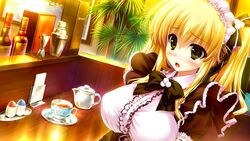  blonde_hair blush game_cg prism_recollection shintaro twintails uisaki_hinano waitress 