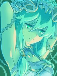  aqua_theme armpits arms_up breasts ceres_(p&amp;d) choker cleavage collarbone commentary_request female green_background green_eyes green_hair hair_tubes ishiyumi long_hair medium_breasts plant puzzle_&amp;_dragons solo spikes thorns tiara upper_body vines 