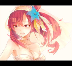  bare_shoulders breasts choker cleavage commentary_request female flower hair_flower hair_ornament hairband letterboxed magi_the_labyrinth_of_magic medium_breasts morgiana ocha_(hutuumikan) open_mouth orange_eyes photoshop_(medium) red_hair simple_background smile solo upper_body veil yellow_eyes 