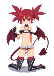  absurdres bat_wings belt boots collar commentary_request demon_girl demon_tail demon_wings disgaea earrings etna_(disgaea) female flat_chest gloves groin highres jewelry kneeling lowleg lowleg_shorts makai_senki_disgaea navel oerba_yun_fang pointy_ears red_hair short_shorts shorts skull_earrings solo tail thigh_boots thighhighs white_belt wings xiaowei_(xxx29042536) 