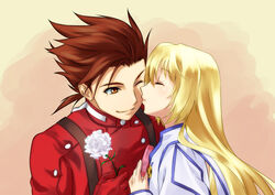  1boy blonde_hair brown_eyes brown_hair carnation closed_eyes closed_mouth colette_brunel commentary_request couple female flower gloves highres holding holding_flower kabane_(follabi) kissing kissing_cheek lloyd_irving long_hair one_eye_closed red_shirt shirt smirk straight tales_of_(series) tales_of_symphonia white_carnation white_flower 