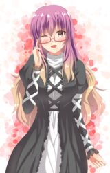  absurdres adjusting_eyewear arm_at_side bad_id bad_pixiv_id bespectacled black_dress blush brown_eyes brown_hair dress female glasses gradient_hair highres hijiri_byakuren long_hair long_sleeves looking_at_viewer multicolored_hair one_eye_closed open_mouth puffy_long_sleeves puffy_sleeves purple_hair smile solo touhou ucukrtz wince 