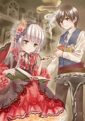  1boy aged_up amano_sakuya book brown_eyes brown_hair carrying chin_strap dress female flower food formal frilled_dress frills gosick gosick_red gown hairband highres hime_cut kujou_kazuya lace lizard lolita_fashion long_hair muffin necktie official_art open_book red_flower red_rose ribbon rose short_hair smile smoke smoking table vest victorica_de_blois white_hair 