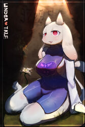  3doss absurdres animal_ears barefoot breasts colored_skin commentary_request female flower furry furry_female goat_ears goat_girl highres horns large_breasts no_bra oerba_yun_fang photoshop_(medium) red_eyes sideways_mouth sitting snout solo tabard tail toriel undertale white_skin yokozuwari 