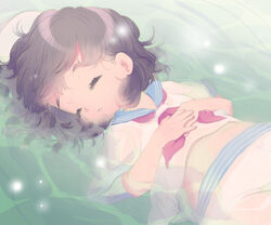  aged_down black_hair closed_eyes commentary_request eyebrows eyelashes female hair_behind_ear hat murasa_minamitsu oto own_hands_together parted_lips partially_submerged sailor sailor_hat short_hair shorts sleeping solo touhou 