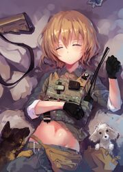  ar-15 black_gloves blonde_hair blush body_armor bulletproof_vest camouflage canine carabiner commentary_request fangdan_runiu fanny_pack female gloves gps groin gun gun_sling load_bearing_vest magazine_(weapon) midriff military navel original pouch radio radio_antenna rifle short_hair sleeping sleeves_rolled_up solo tourniquet uniform walkie-talkie weapon woodland_camouflage 