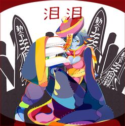  :q bad_id bad_pixiv_id blue_skin breasts chinese_clothes claws cleavage cleavage_cutout clothing_cutout colored_skin female hat jiangshi large_breasts lei_lei mifa24 multicolored_hair ofuda pants qingdai_guanmao shoes short_hair sitting solo tongue tongue_out two-tone_hair vampire_(game) yellow_eyes 