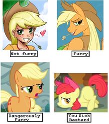  accessory alternate_species amber_eyes anthro apple_bloom_(mlp) applejack_(mlp) base_two_layout bedroom_eyes blonde_hair blush bow_(feature) bow_accessory bow_ribbon breasts centered_hair_bow chewing chewing_grass clothing cowboy_hat cutie_mark dangerously_furry_(meme) digital_media_(artwork) earth_pony english_text equid equine female feral four_frame_image freckles friendship_is_magic glistening_heart green_eyes grid_layout group hair hair_accessory hair_ribbon hairbow half-closed_eyes hasbro hat headgear headwear heart_reaction heart_symbol horse human humanized john_joseco looking_at_viewer mammal meme my_little_pony narrowed_eyes object_in_mouth pink_heart pony ribbons seductive smile text two_row_layout tyelle_niko wheat young young_feral 