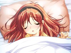  bed blush closed_eyes emily_(pure_dream) escalation_~kuruai_no_fugue~ female game_cg hairband komatsuzaki_rie open_mouth pajamas pillow red_hair short_hair sick sleeping solo under_covers 