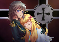  2girls absurdres ahoge bismarck_(warship_girls_r) blonde_hair closed_eyes commentary_request cross epaulettes flag_background glasses gloves highres hood_(warship_girls_r) hug iron_cross kriegsmarine l.sy long_hair multiple_girls nazi_war_ensign photoshop_(medium) red-framed_eyewear semi-rimless_eyewear short_hair smile under-rim_eyewear warship_girls_r yuri 