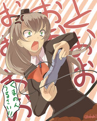  :o anger_vein angry brown_hair cable commentary_request controller female game_console game_controller green_eyes hair_ornament highres kakudai_(hujikolp) kantai_collection kumano_(kancolle) long_hair long_sleeves open_mouth ponytail school_uniform screaming solo super_famicom translated twitter_username v-shaped_eyebrows 