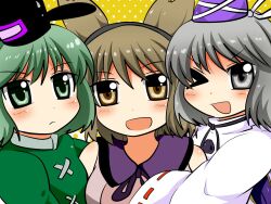  3girls bad_id bad_pixiv_id brown_eyes brown_hair dress green_dress green_eyes green_hair grey_eyes grey_hair hat japanese_clothes kariginu mononobe_no_futo motsu_(selshia12) multiple_girls one_eye_closed photoshop_(medium) soga_no_tojiko touhou toyosatomimi_no_miko 