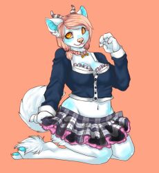  amber_eyes anthro bottomwear breasts canid canine cleavage clothed clothing collar dragon female horn hybrid kiori kneeling looking_at_viewer mammal mythological_creature mythological_scalie mythology pinup pose scalie school_uniform simple_background skirt slightly_chubby solo uni uniform 