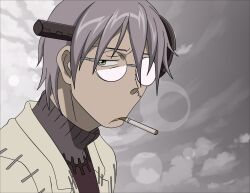  1boy absurdres cigarette franken_stein_(soul_eater) glasses highres male_focus morrow_(hitodama-x) object_through_head photoshop_(medium) screw_in_head smoke solo soul_eater 