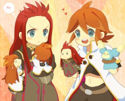  2boys asch_(tales) bad_id bad_pixiv_id green_eyes hand_puppet heart inamura_(yanahiyabao) long_hair luke_fon_fabre male_focus midriff mieu_(tales) multiple_boys open_mouth puppet red_hair surcoat tales_of_(series) tales_of_the_abyss 