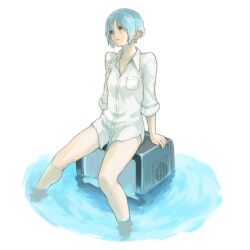  blue_eyes blue_hair bottomless collarbone commentary_request dress_shirt female md5_mismatch original shirt short_hair shu-mai sitting sleeves_rolled_up soaking_feet solo television water 