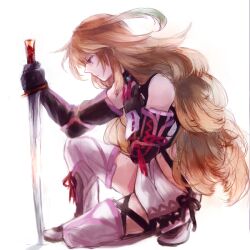  blonde_hair choker commentary_request elbow_gloves female gloves gradient_hair green_hair long_hair midriff milla_maxwell multicolored_hair red_eyes skirt solo sword tales_of_(series) tales_of_xillia thighhighs very_long_hair weapon xxnicol 