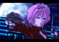  &gt;:) aiming aiming_at_viewer anime_coloring bad_id bad_pixiv_id cityscape contemporary female fingerless_gloves gangsta_hold gloves gun hairband handgun heart holding holding_gun holding_weapon komeiji_satori letterboxed moon night pandora-ex pink_eyes pink_hair plaid revolver short_hair smile smirk solo third_eye touhou unmoving_pattern v-shaped_eyebrows weapon 