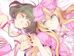  2boys akizuki_ryo antenna_hair blonde_hair blue_eyes bow brown_hair commentary_request crossdressing crossover cute_&amp;_girly_(idolmaster) green_eyes hairbow idolmaster idolmaster_dearly_stars jewelry kurusu_shou long_hair male_focus multiple_boys necklace open_mouth otoko_no_ko pink_bow season_connection tori_(driftwood) uta_no_prince-sama 