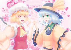  2girls :d ascot blonde_hair bow commentary_request dress flandre_scarlet foreshortening green_eyes grey_hair hat hat_bow hat_ribbon heart heart-shaped_pupils holding_hands interlocked_fingers komeiji_koishi multiple_girls nazal open_mouth outstretched_arm photoshop_(medium) red_eyes ribbon short_hair side_ponytail smile sun_hat symbol-shaped_pupils third_eye touhou v-shaped_eyebrows wings 