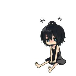  :&lt; barefoot between_legs black_hair blue_eyes chibi female full_body hand_between_legs on_head original short_hair shu-mai simple_background sitting solo yami_shoujo 