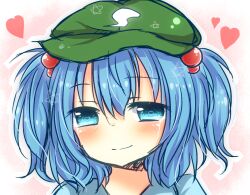  blue_eyes blue_hair blush close-up closed_mouth commentary_request female hair_bobbles hair_ornament happy_tears hat heart kawashiro_nitori smile solo tears touhou two_side_up yuria_(kittyluv) 