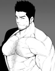  1boy beard bleach facial_hair kurosaki_isshin mabataki male male_focus manly monochrome nipples open_clothes open_shirt shirt short_hair simple_background smile solo veins 