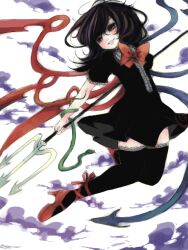  asymmetrical_wings black_hair black_thighhighs bow commentary_request dress edo. female houjuu_nue lace lace-trimmed_legwear lace_trim looking_away polearm red_eyes short_dress short_hair snake solo tegaki thighhighs touhou trident weapon wings zettai_ryouiki 