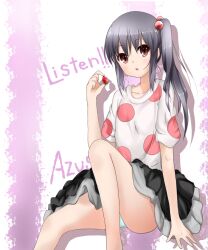  black_hair brown_eyes commentary_request female food fruit holding holding_food holding_fruit k-on! listen!! long_hair nakano_azusa panties pantyshot polka_dot side_ponytail solo strawberry underwear yuki_(sangeki5806) 