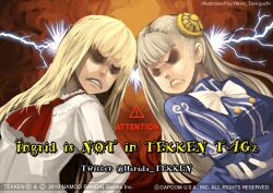  2girls blonde_hair capcom_fighting_jam clenched_teeth copyright_notice crossover eyes_in_shadow frown glaring hairpods ingrid_(capcom) light_brown_hair lili_(tekken) long_hair multiple_girls opposing_sides street_fighter taniguchi_akira teeth tekken upper_body white_hair 