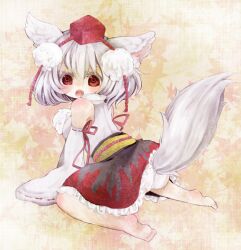  all_fours animal_ears barefoot colored_eyelashes commentary_request detached_sleeves edo. female frilled_skirt frills hat inubashiri_momiji leaf looking_back maple_leaf obi open_mouth panties red_eyes sash short_hair skirt solo tail tokin_hat touhou underwear white_panties wide_sleeves wolf_ears 