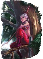  arrow_(projectile) blue_eyes bow_(weapon) braid copyright_request female hair_over_shoulder midriff pants pink_hair quiver sandals shu-mai single_braid sitting solo tree weapon 