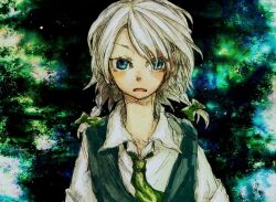  bad_link blue_eyes braid female hair_ribbon izayoi_sakuya kurau_kii necktie open_mouth ribbon short_hair solo touhou twin_braids upper_body vest white_hair 