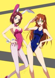  2girls animal_ears ashford_academy_swimsuit ass_visible_through_thighs blue_one-piece_swimsuit bow bowtie breasts brown_hair cameltoe cleavage code_geass commentary_request detached_collar hand_on_own_hip highleg highleg_leotard highleg_swimsuit highres kouzuki_kallen leotard long_hair long_legs looking_at_viewer medium_breasts multiple_girls onaya_masakazu one-piece_swimsuit open_mouth pantyhose photoshop_(medium) pink_bow pink_bowtie pink_footwear pink_leotard playboy_bunny print_swimsuit rabbit_ears red_hair salute school_emblem school_swimsuit shirley_fenette short_hair smile standing strapless strapless_leotard swimsuit white_legwear wrist_cuffs yellow_eyes 