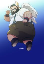  1boy artist_request beard chubby dragon_ball dragon_ball_z facial_hair fat fat_man glasses hat horns maguma_taishi_(magumani) male male_focus ox_king sky smile solo suspenders wings 