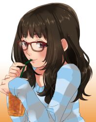  brown_eyes brown_hair commentary_request cup drinking drinking_straw female glasses highres long_hair musha_sabu original photoshop_(medium) red-framed_eyewear smile solo sweater wavy_hair 