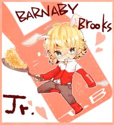  1boy animal_ears aqua_eyes bad_id bad_pixiv_id barnaby_brooks_jr. belt blonde_hair blue_eyes chibi cooking flipping_food food fried_rice frying_pan glasses jacket kemonomimi_mode male_focus mami_(sweetcandy) rabbit_ears red_jacket solo spoon tiger_&amp;_bunny 