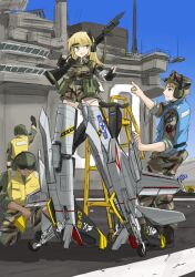  3boys animal_ears assault_rifle bad_id bad_pixiv_id bayonet blonde_hair camouflage dakku_(ogitsune) ear_protection f-14_tomcat female fingerless_gloves gloves green_eyes gun landing_gear m16 m16a2 multiple_boys original patricia_mitchell photoshop_(medium) rifle sleeves_rolled_up strike_witches_1991 striker_unit tail uniform weapon world_witches_series 