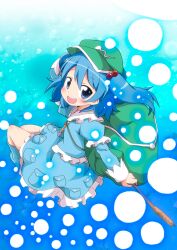  backpack bag blue_eyes blue_hair blush boots bubble cattail commentary_request danmaku female hair_bobbles hair_ornament hand_on_headwear hat kawashiro_nitori key massala open_mouth plant short_hair smile solo spell_card touhou two_side_up 