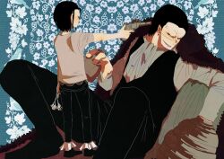  2boys aged_down alcohol ascot belt black_hair coat crocodile_(one_piece) dead_plants derringer dual_persona earrings floral_background flower fur_coat gun handgun hook_hand jewelry multiple_boys one_piece pants scar shirt sitting smile standing vanpicon weapon 