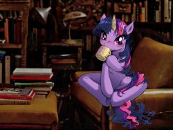  4:3 beverage blush book buttercup_saiyan coffee colored container cup cutie_mark equid equine female food friendship_is_magic hair hasbro horn horse library long_hair mammal multicolored_hair my_little_pony mythological_creature mythological_equine mythology pony pony_joe&#039;s purple_body purple_eyes purple_hair sankam short_hair sitting solo study third-party_edit twilight_sparkle_(mlp) unicorn 