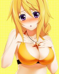  :o blonde_hair blush breast_suppress breasts charlotte_dunois cleavage collar commentary_request female infinite_stratos jewelry laco_soregashi large_breasts long_hair pendant photoshop_(medium) purple_eyes ribbon solo swimsuit 